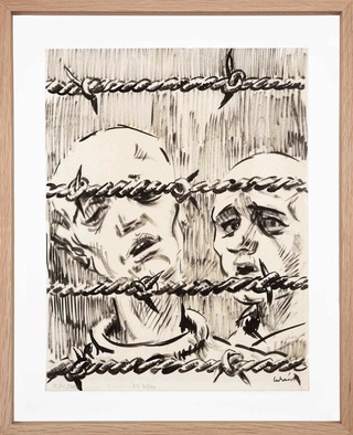 Ketten a rács mögött / Zwei Frauen hinter dem Gitter (Two women behind bars), 1984, Ink on Paper, framed 48.4 x 39.2 cm